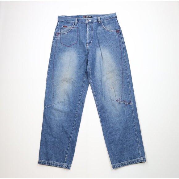 Vintage 90s Y2K FUBU Mens 36x34 Distressed Baggy Wide Leg Denim Jeans Cotton - Picture 1 of 16